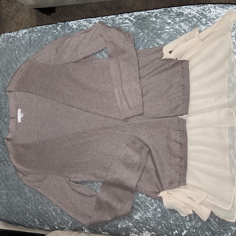 Lauren Conrad Dark Tan/Beige Open Cardigan with Lace Trim and Bows.